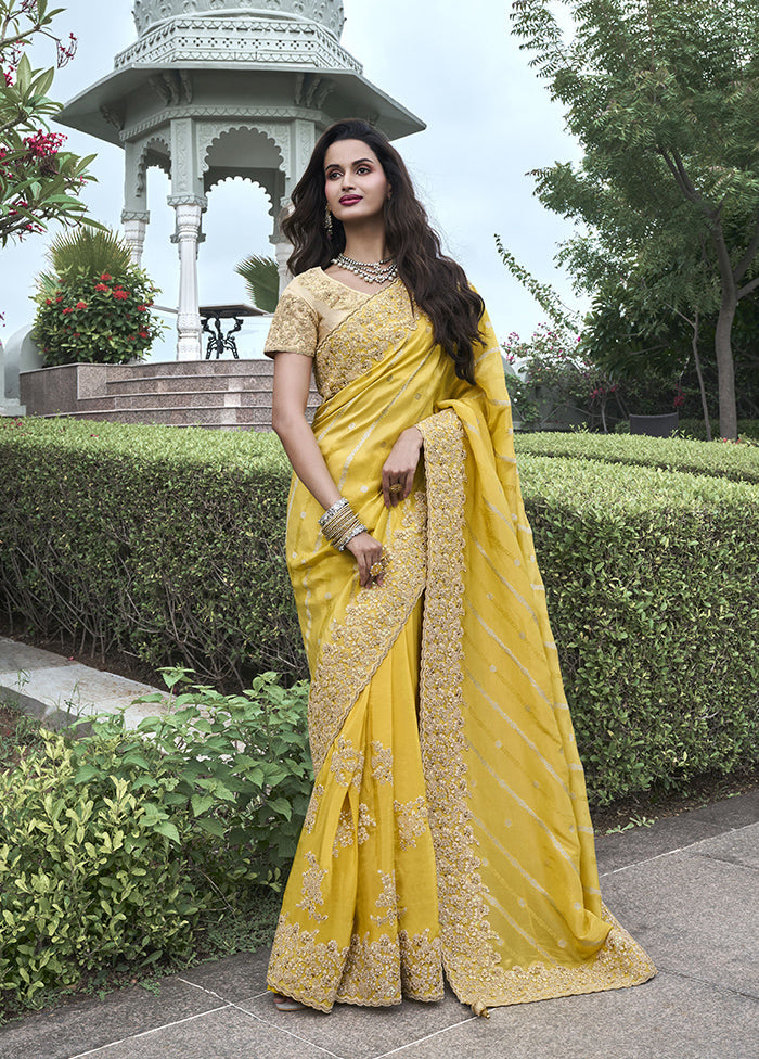 Yellow Spun Pure Silk Saree With Blouse Piece Genuine Cheap Pice