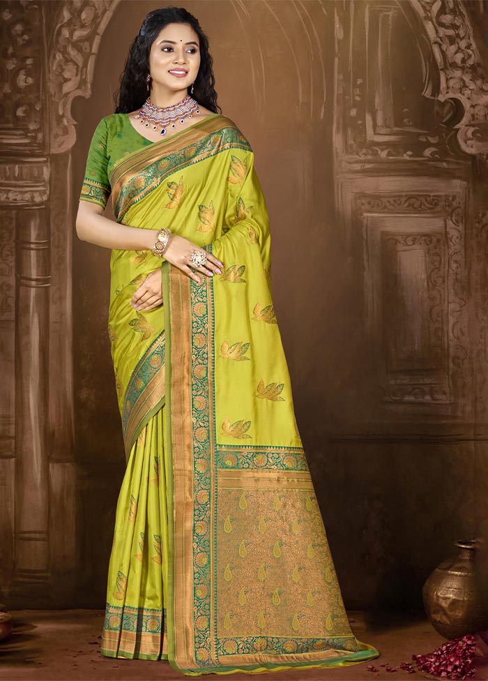 Parrot Green Dupion Silk Saree With Blouse Piece Explore Online