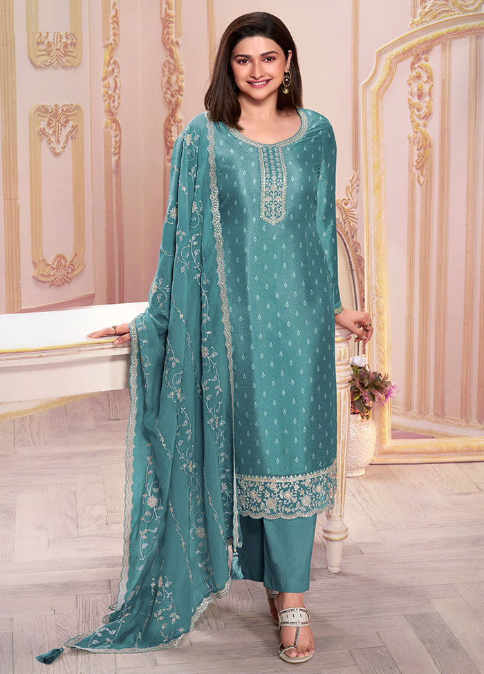 3 Pc Sky Blue Semi Stitched Georgette Suit Set Free Shipping 100% Guaranteed