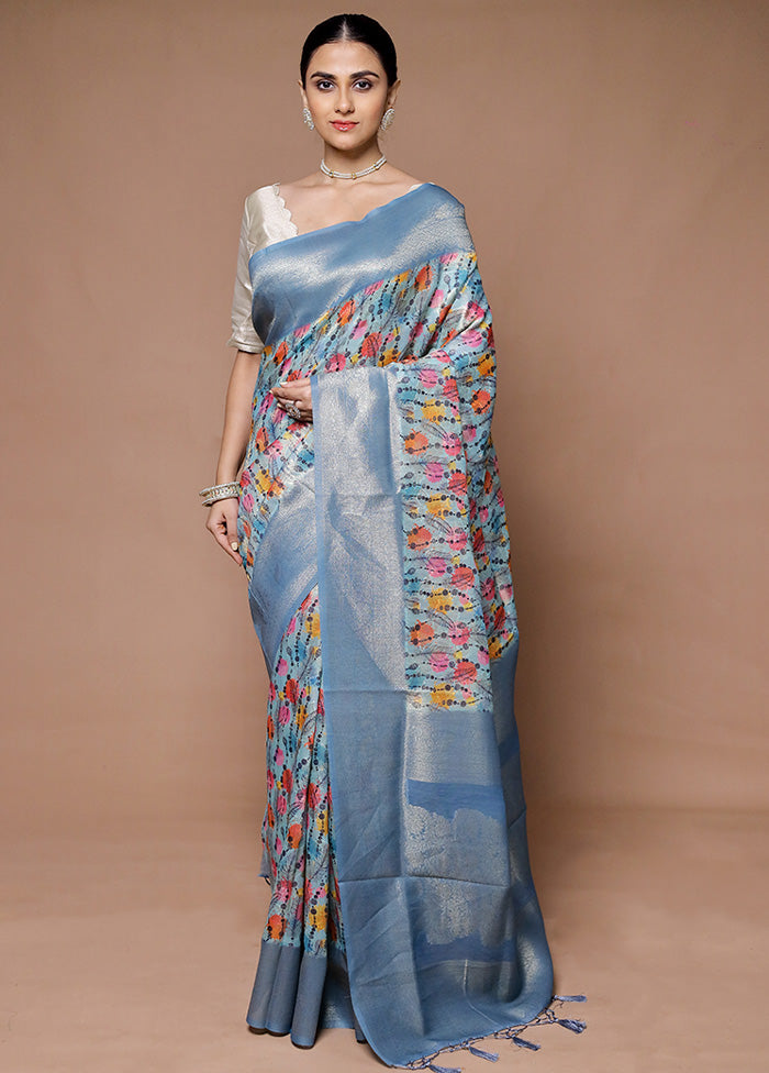 Blue Dupion Silk Saree With Blouse Piece Geniue Stockist