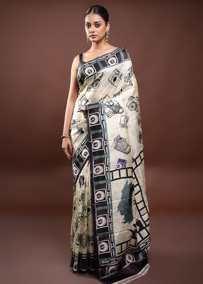 Cream Printed Pure Silk Saree Without Blouse Piece Cheap Sale Discounts