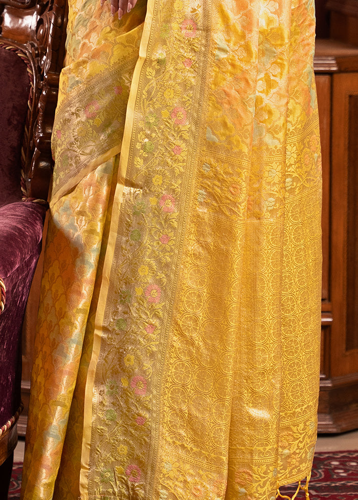 Yellow Spun Silk Saree With Blouse Piece Cheap Sale For Cheap