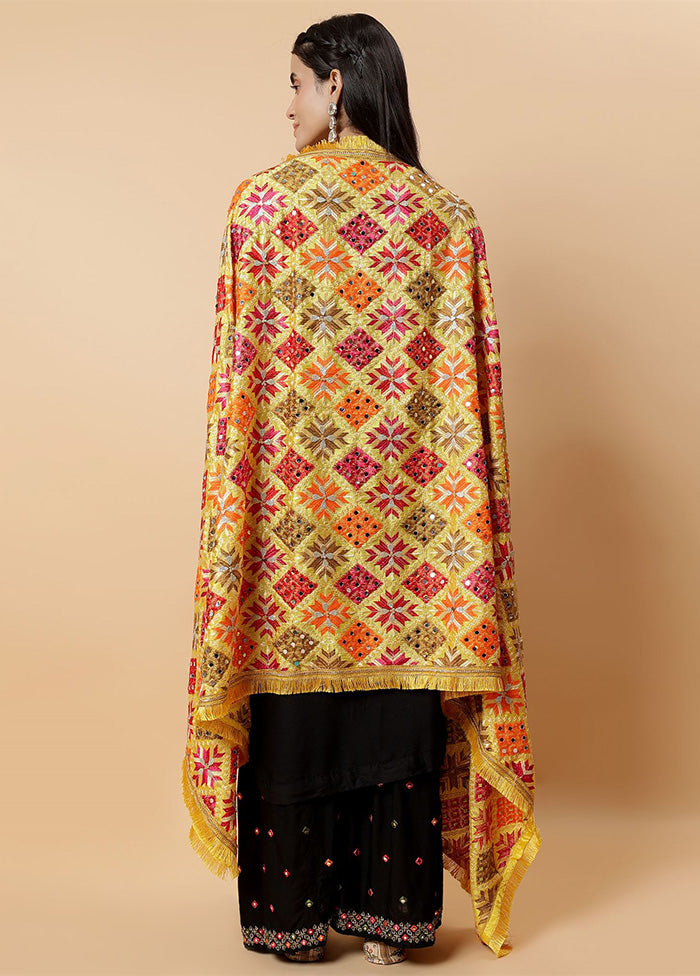 Yellow Chinon Phulkari Work Dupatta Online For Sale