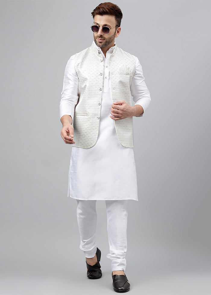 3 Pc White Viscose Nehru Set Discount Pices