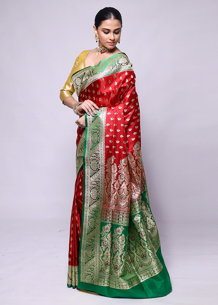 Red Handloom Banarasi Pure Silk Saree With Blouse Piece Fast Delivery Sale Online