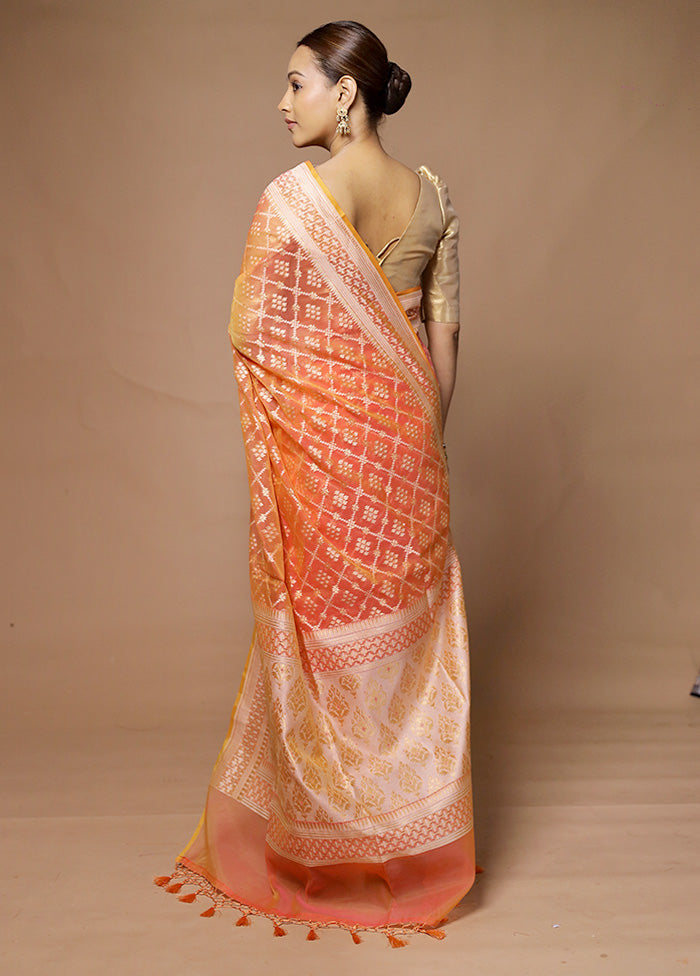 Orange Kora Silk Saree With Blouse Piece Cheap Sale From China