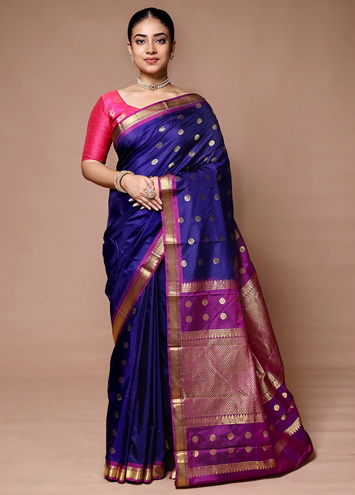 Blue Handloom Kanjivaram Pure Silk Saree With Blouse Piece Sale View