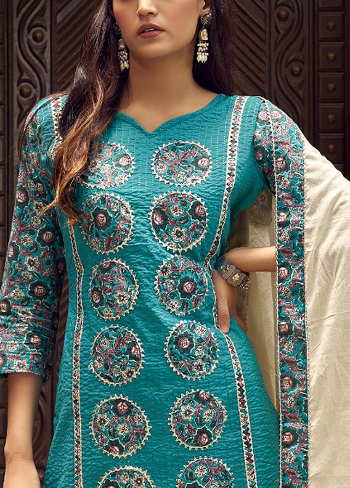 3 Pc Teal Pure Semi Stitched Cotton Dupatta Suit Set Clearance Footlocker Finishline