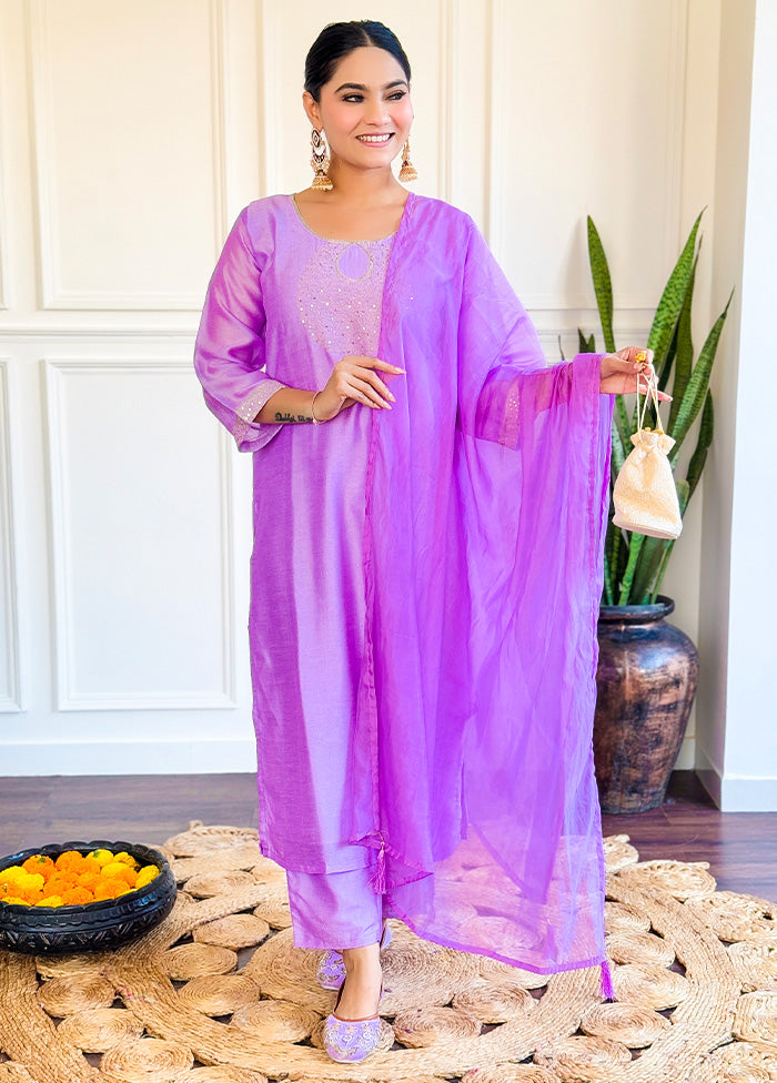 3 Pc Purple Readymade Chanderi Dupatta Suit Set From China