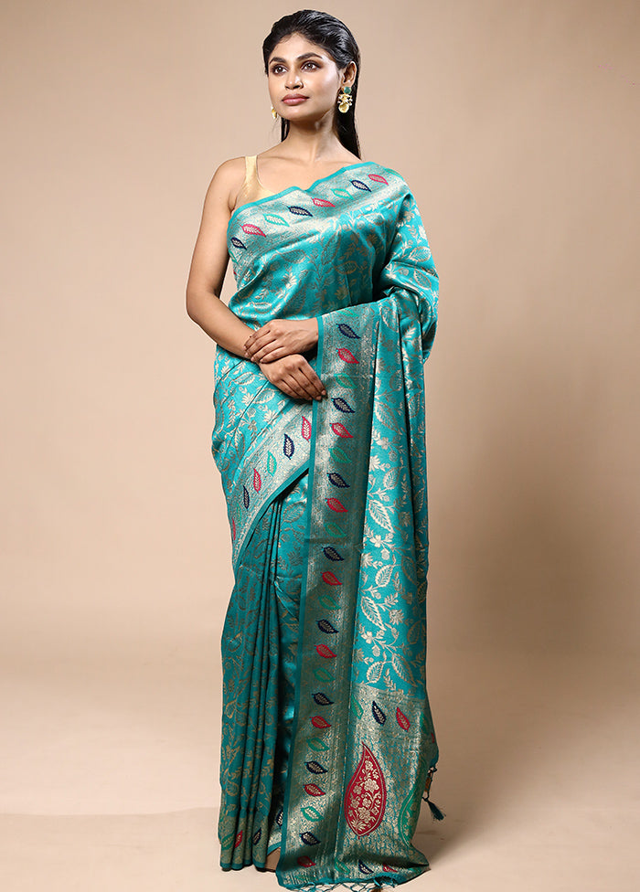 Teal Blue Dupion Silk Saree With Blouse Piece Cheap Wholesale