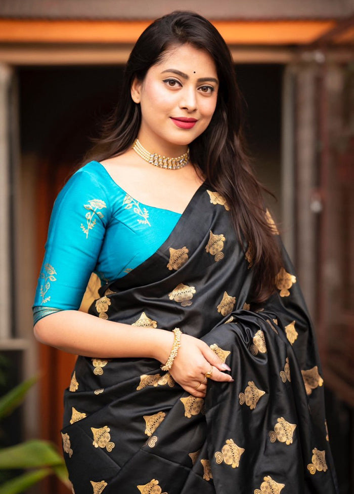 Black Banarasi Silk Saree With Blouse Piece Sale Supply