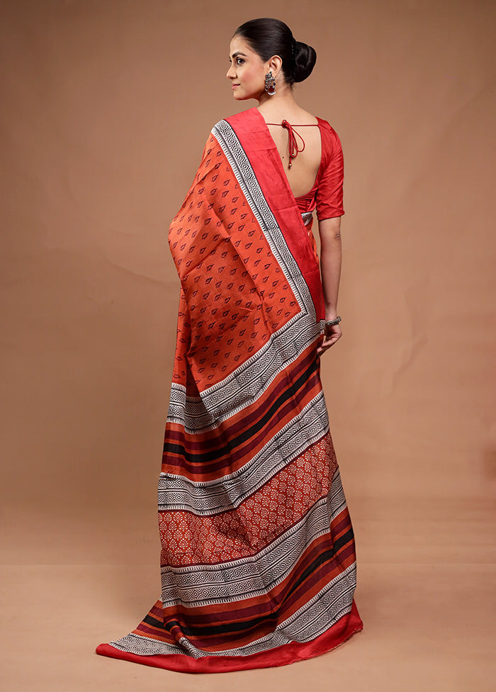 Rust Printed Pure Silk Saree Without Blouse Piece Brand New Unisex