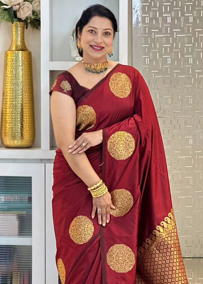 Maroon Banarasi Silk Saree With Blouse Piece Cheap Browse