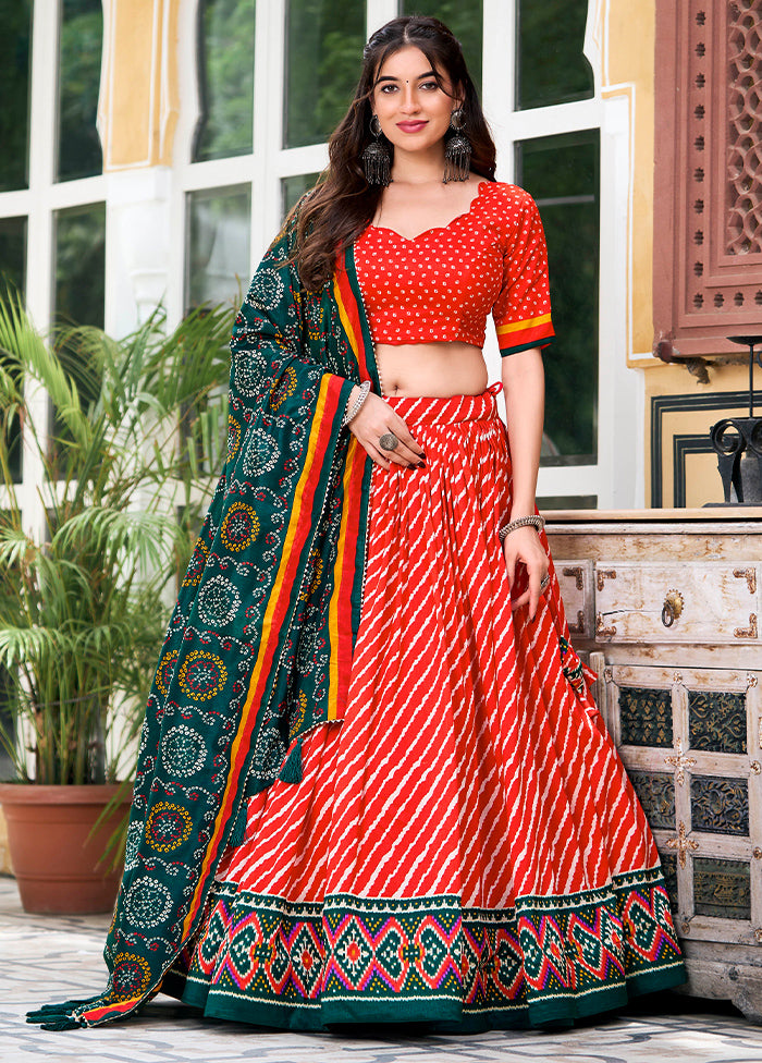 3 Pc Multicolor Silk Semi Stitched Lehenga Set Popular