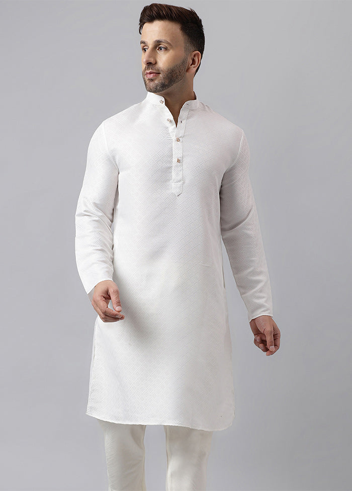 White Viscose Jacquard Long Kurta Free Shipping Top Quality