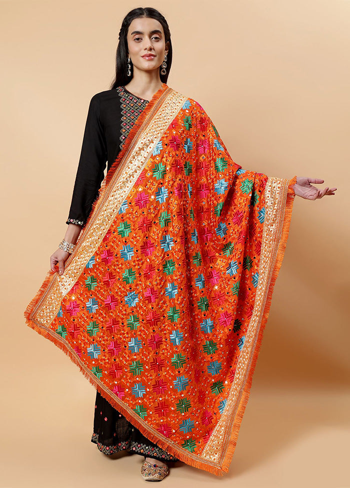 Orange Chinon Phulkari Work Dupatta Sale Genuine