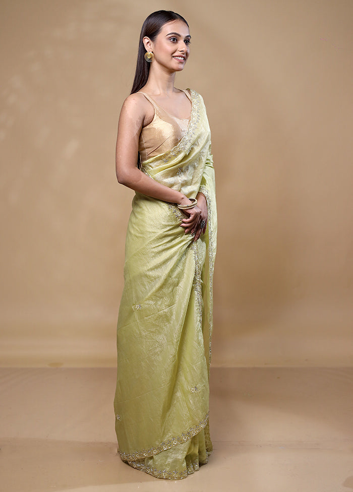 Green Crushed Tissue Silk Saree With Blouse Piece Cheap Sale Fashionable