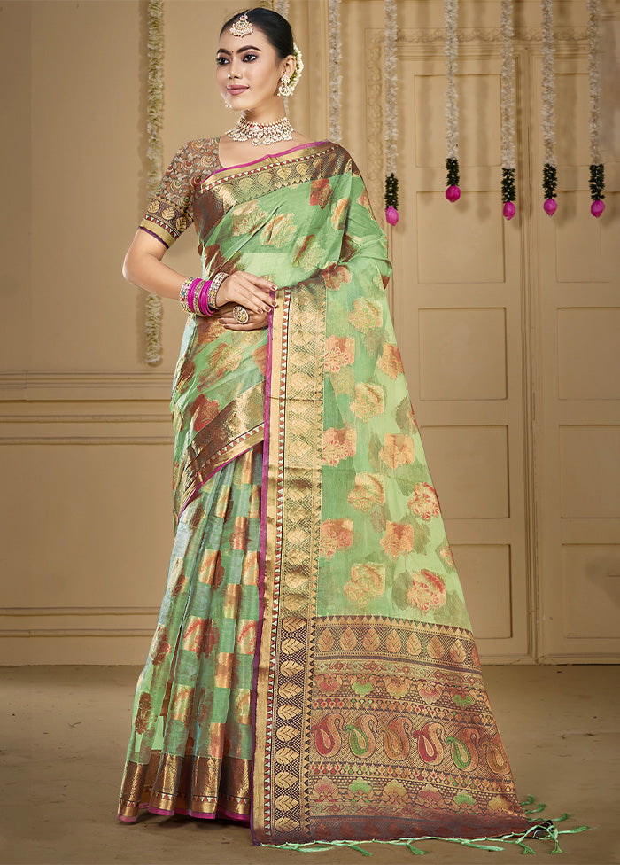 Pista Green Organza Saree With Blouse Piece Fast Delivery Online