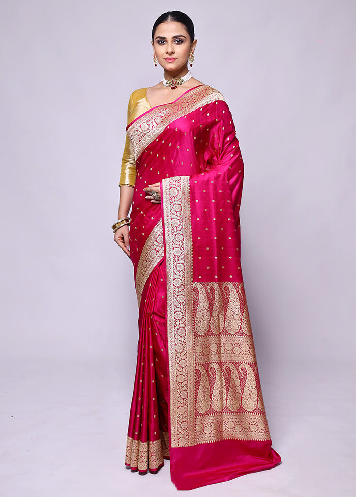 Pink Handloom Banarasi Pure Silk Saree With Blouse Piece 100% Authentic Sale Online