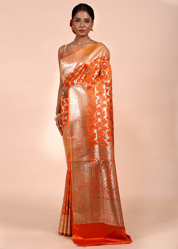 Orange Banarasi Silk Saree With Blouse Piece Shop For Online