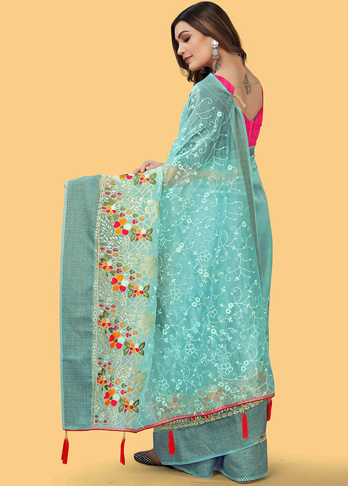 Blue Organza Saree With Blouse Piece Cheap Sale Brand New Unisex