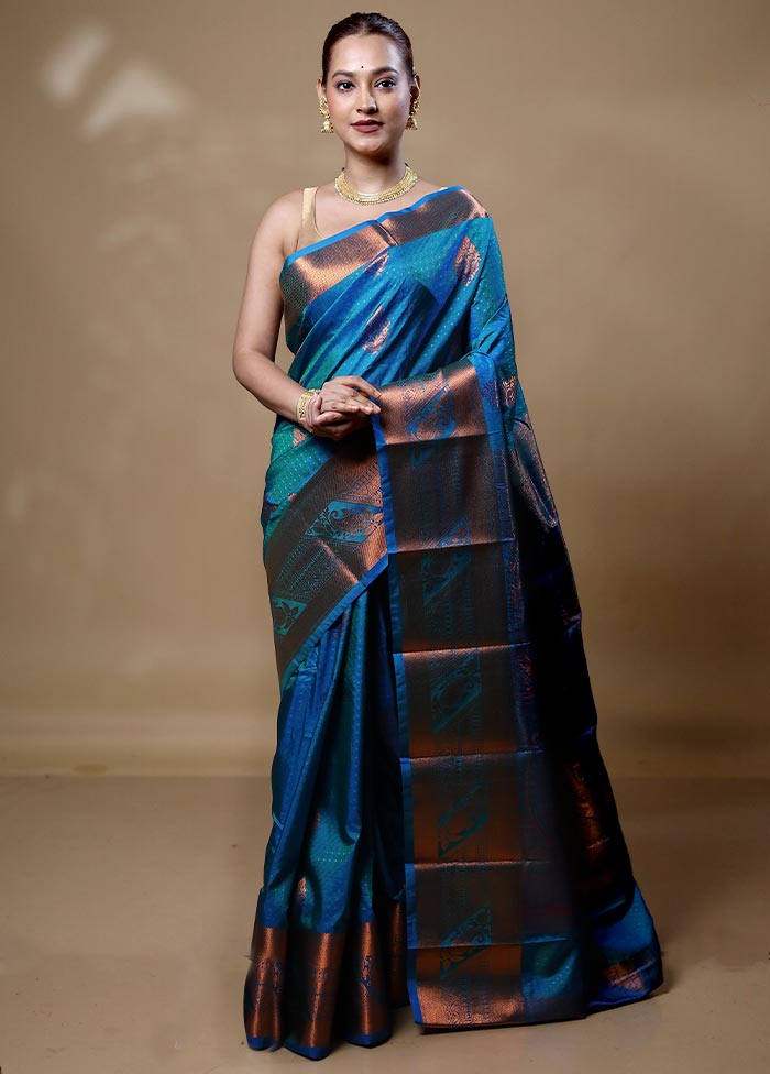 Blue Kanjivaram Silk Saree With Blouse Piece Free Shipping Finishline