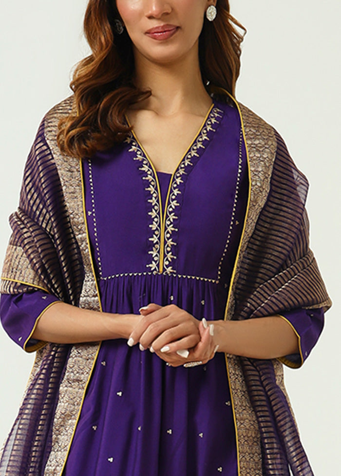 3 Pc Purple Readymade Chanderi Dupatta Suit Set Latest Collections Sale Online