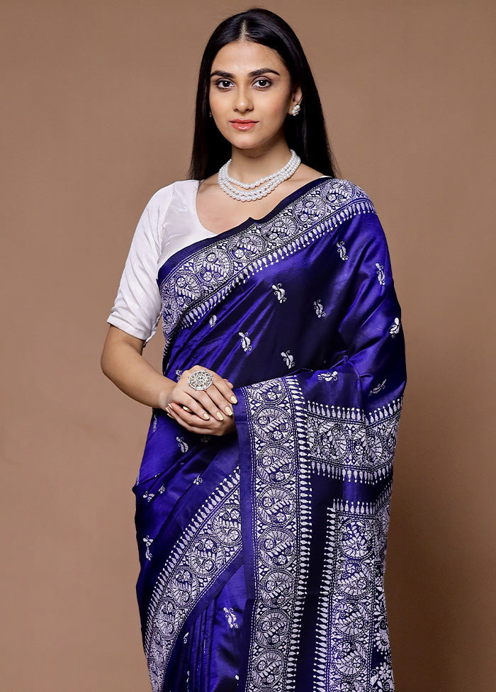 Blue Handloom Kantha Stitch Pure Silk Saree With Blouse Piece Low Pice Fee Shipping Cheap Online