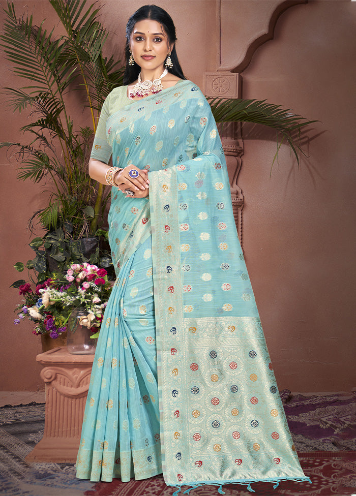 Sky Blue Cotton Saree With Blouse Piece Free Shipping Geniue Stockist