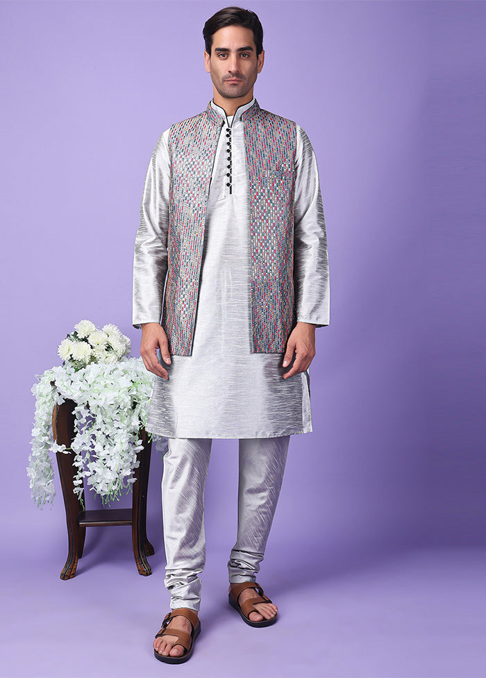 3 Pc Grey Silk Nehru Set Outlet Good Selling