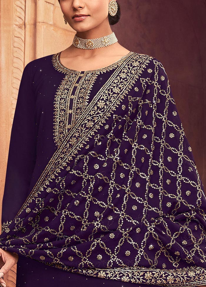 3 Pc Purple Semi Stitched Georgette Suit Set Sale Low Pice