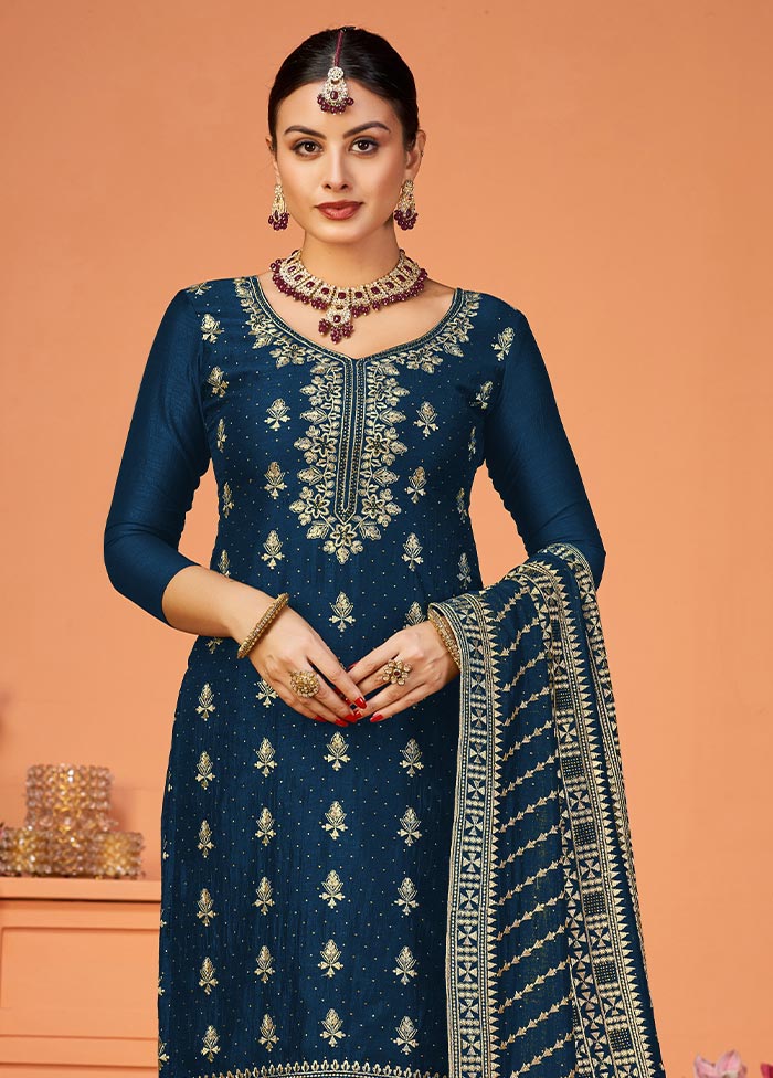 3 Pc Teal Semi Stitched Georgette Suit Set Popular Online