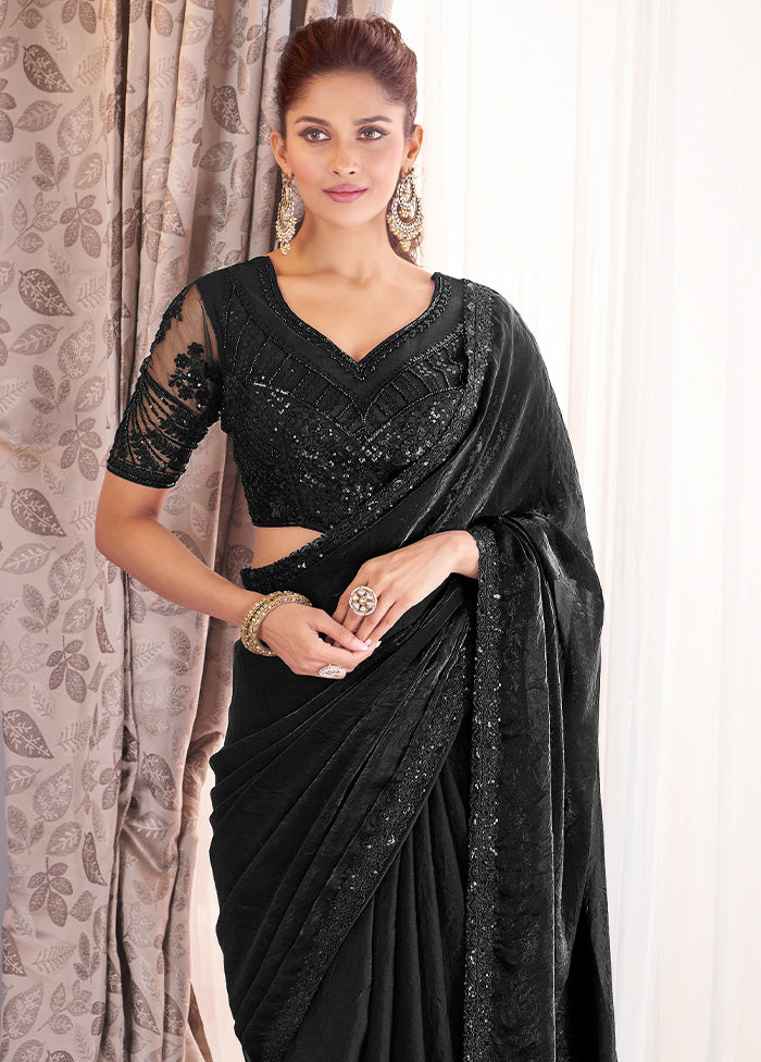 Black Satin Silk Saree With Blouse Piece Clearance Wholesale Pice