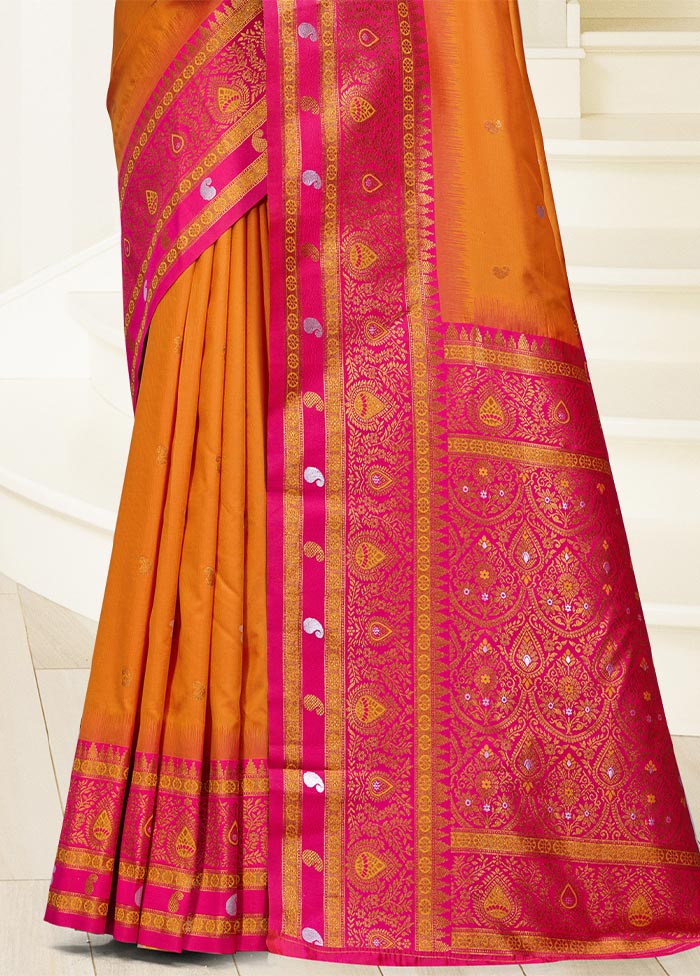 Orange Dupion Silk Saree With Blouse Piece Cheap Usa Stockist