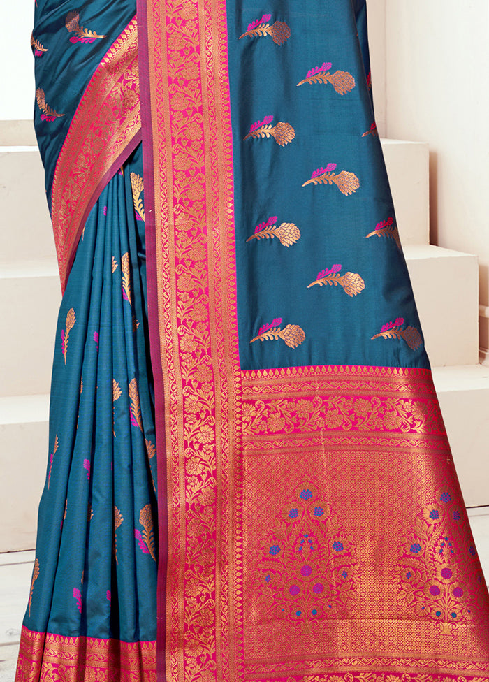 Blue Dupion Silk Saree With Blouse Piece Cheap Sale Big Sale