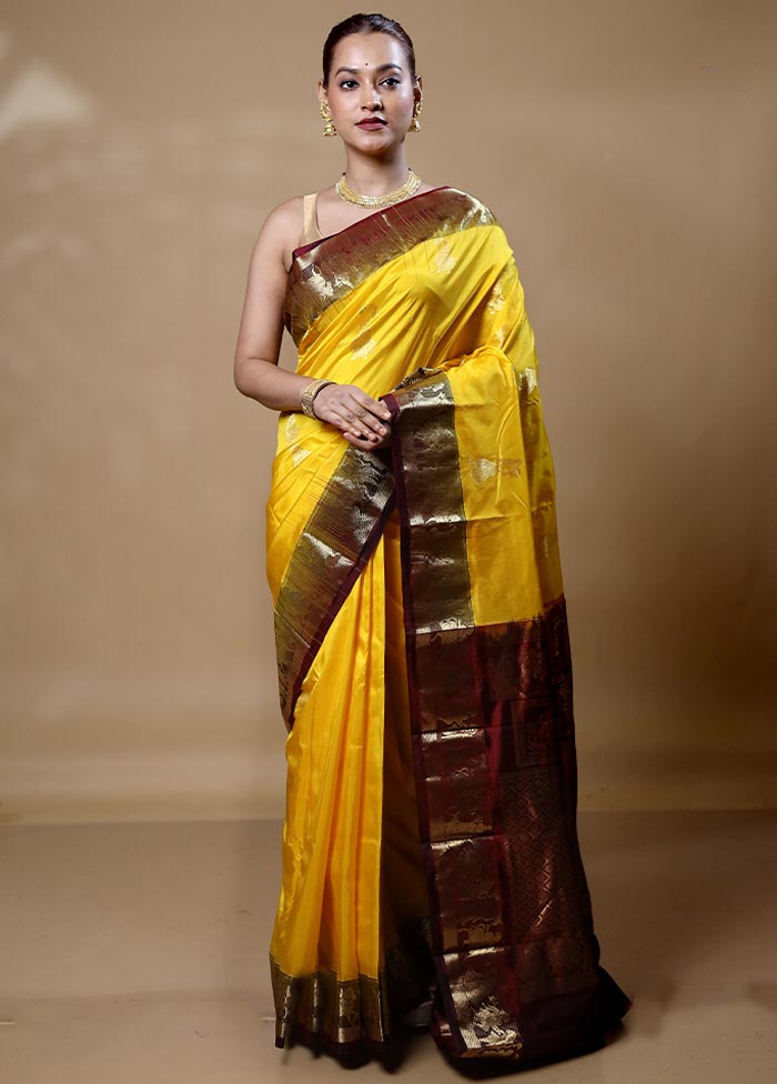 Yellow Handloom Kanjivaram Pure Silk Saree With Blouse Piece Free Shipping Best