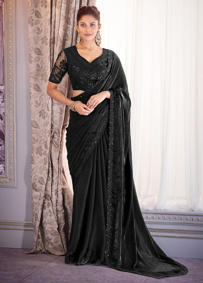 Black Satin Silk Saree With Blouse Piece Clearance Wholesale Pice