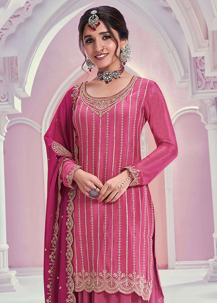 3 Pc Pink Semi Stitched Silk Dupatta Suit Set Buy Cheap Footlocker Pictures