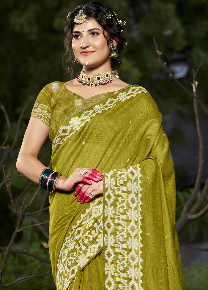 Olive Green Cotton Saree With Blouse Piece Cheap Very Cheap