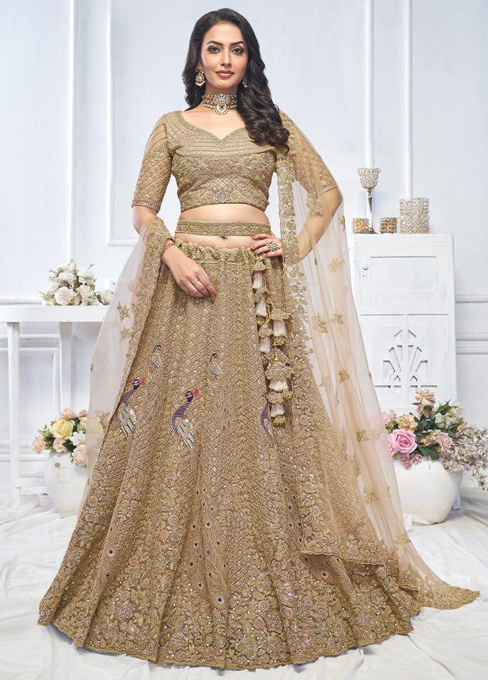 3 Pc Golden Net Semi Stitched Lehenga Set Clearance Fast Delivery