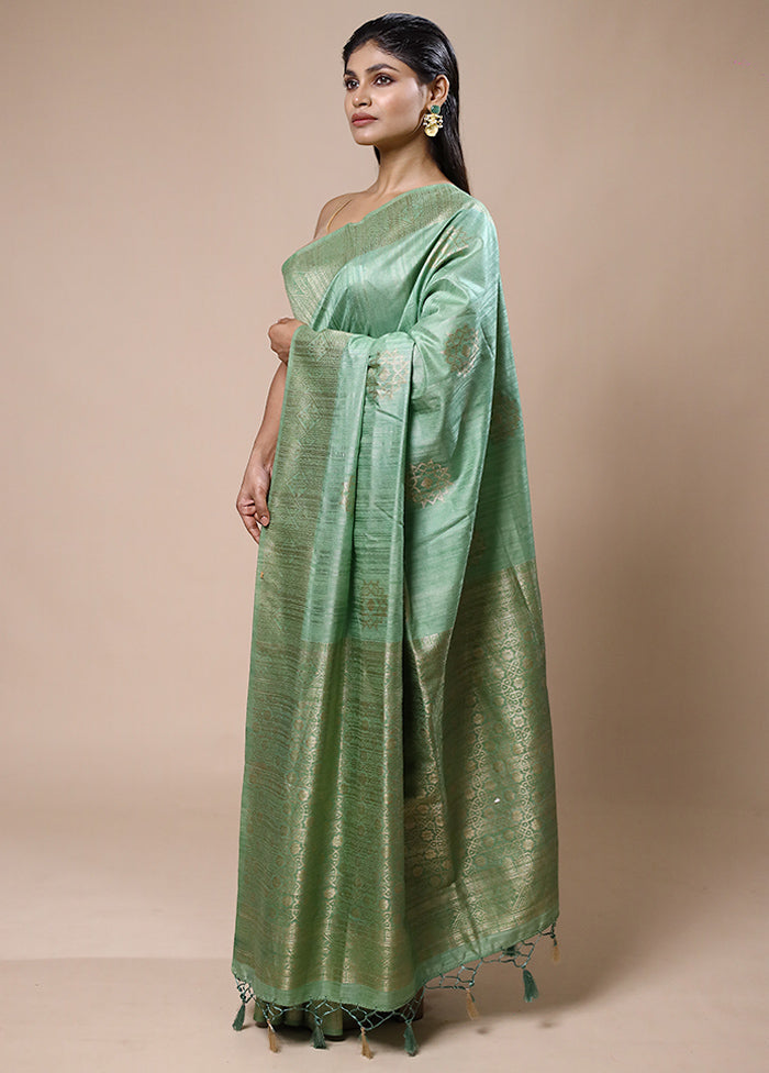 Green Dupion Silk Saree With Blouse Piece Cheap Sale Finishline