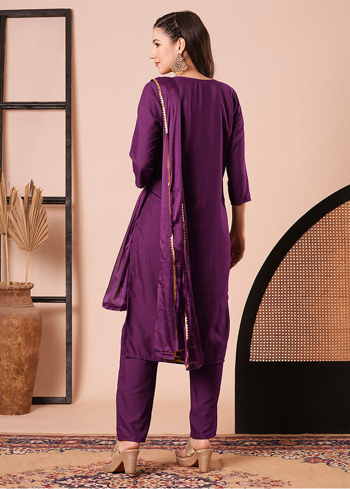 3 Pc Purple Readymade Rayon Dupatta Suit Set Cheap Sale Comfortable