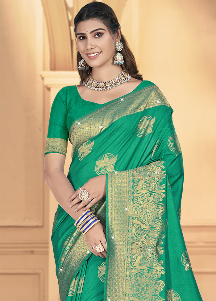 Green Spun Silk Saree With Blouse Piece 100% Original