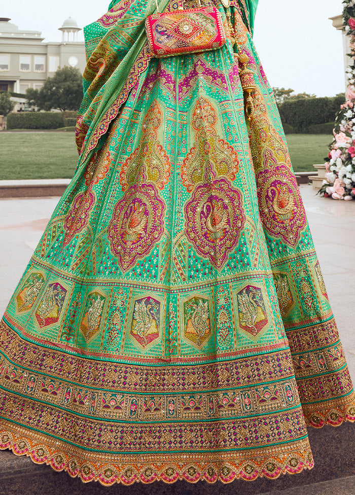 3 Pc Green Silk Semi Stitched Lehenga Set Supply Sale Online