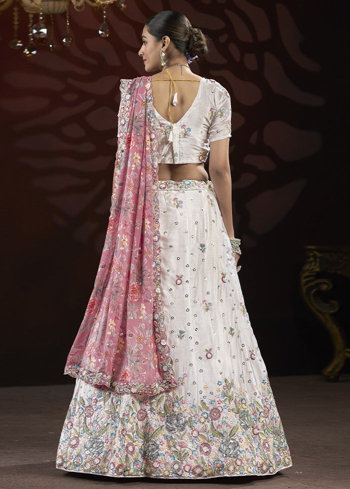 3 Pc White Silk Semi Stitched Lehenga Set Free Shipping For Cheap