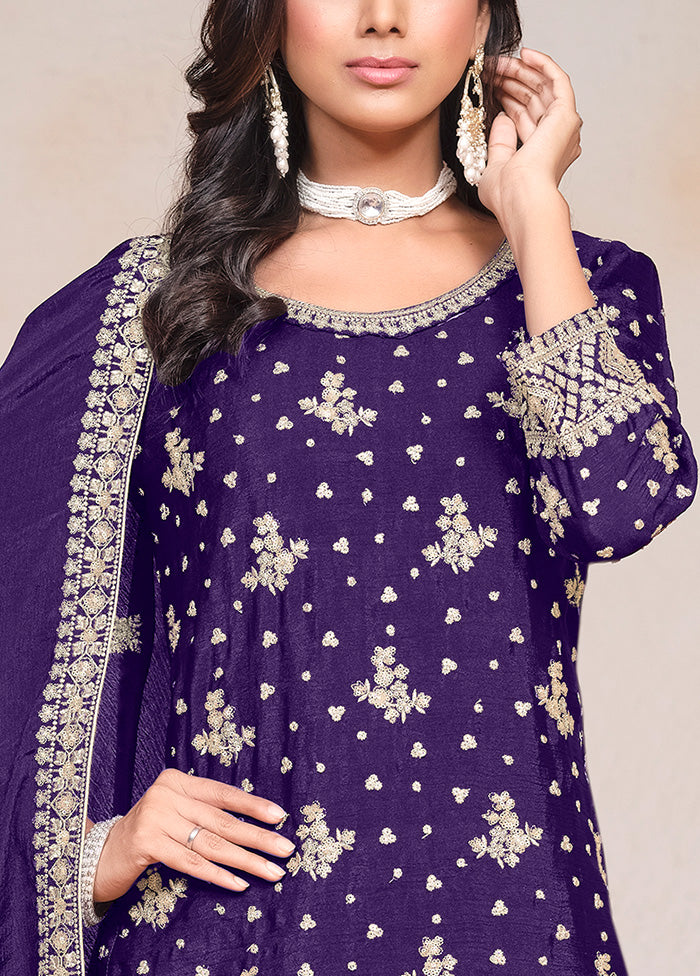 3 Pc Purple Semi Stitched Silk Suit Set Sale Latest