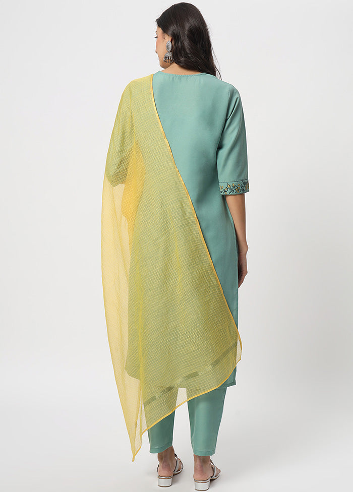 3 Pc Sea Green Readymade Cotton Dupatta Suit Set Discount Great Deals