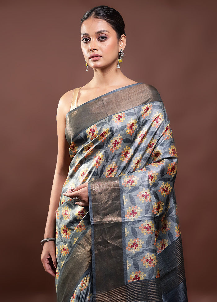 Grey Tussar Silk Saree With Blouse Piece Cheap Sale 2025 New