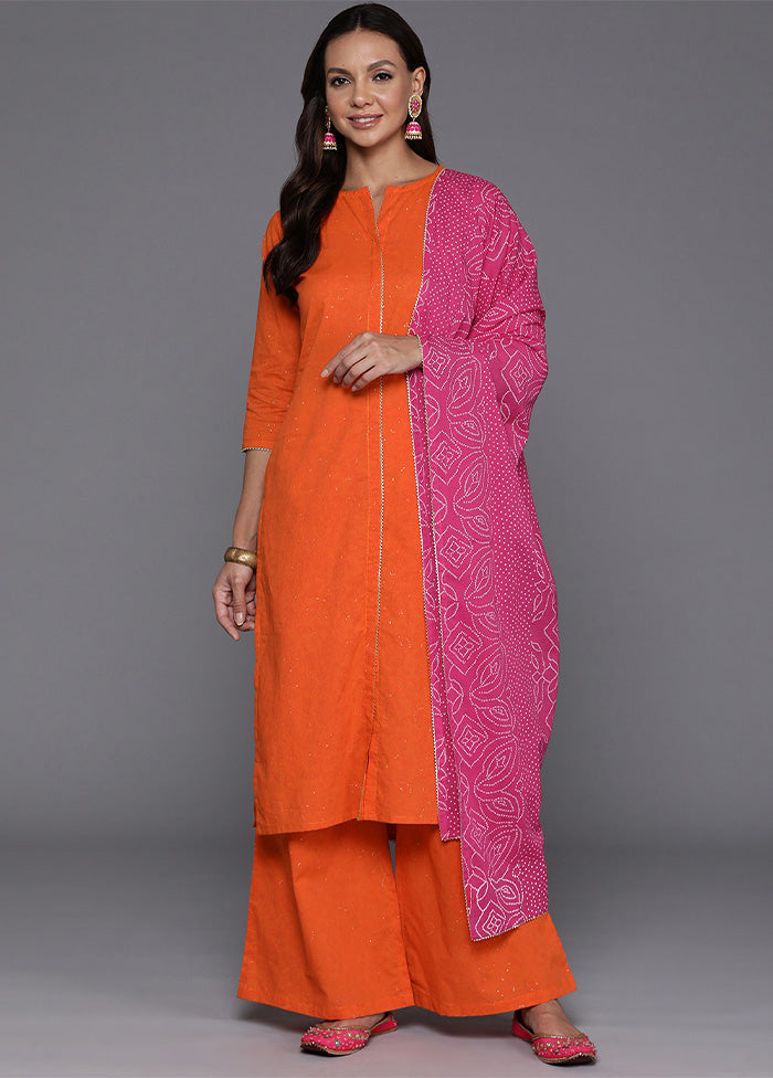 3 Pc Orange Pure Readymade Cotton Dupatta Suit Set Authentic Online