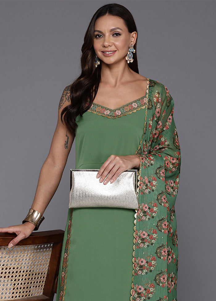 3 Pc Sage Green Readymade Silk Dupatta Suit Set Discount View